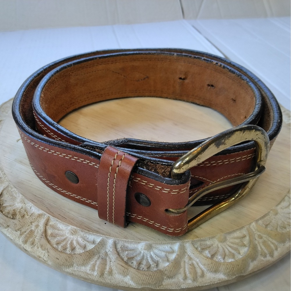 Leegin Leather Belt Mens 32 Brown Woven Cutout Western Brass Buckle USA 55811